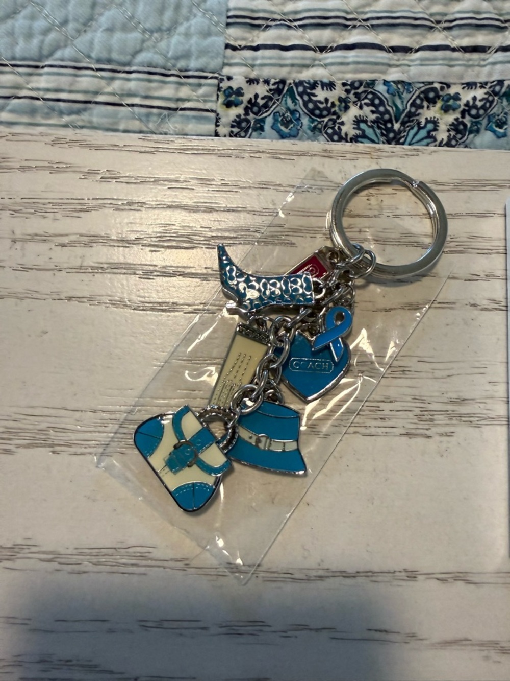 Coach Blue and Cream Enamel Charm Keyring with Silver Hardware